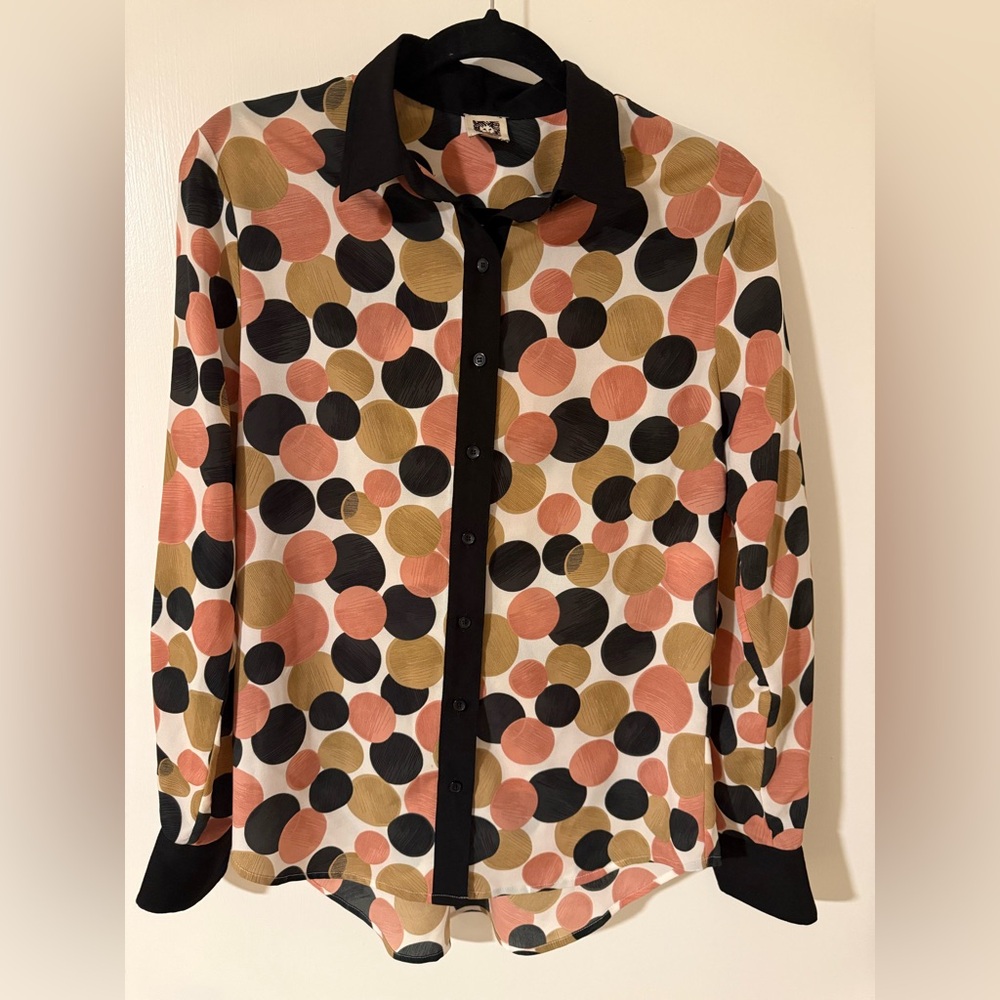 Anne Klein Black and Gold Polka Dot Button Down Shirt